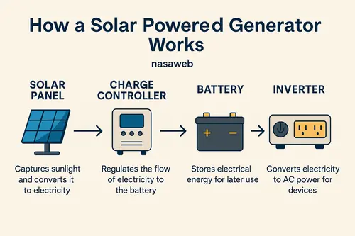 Solar powered generator process diagram showing panels, battery, inverter